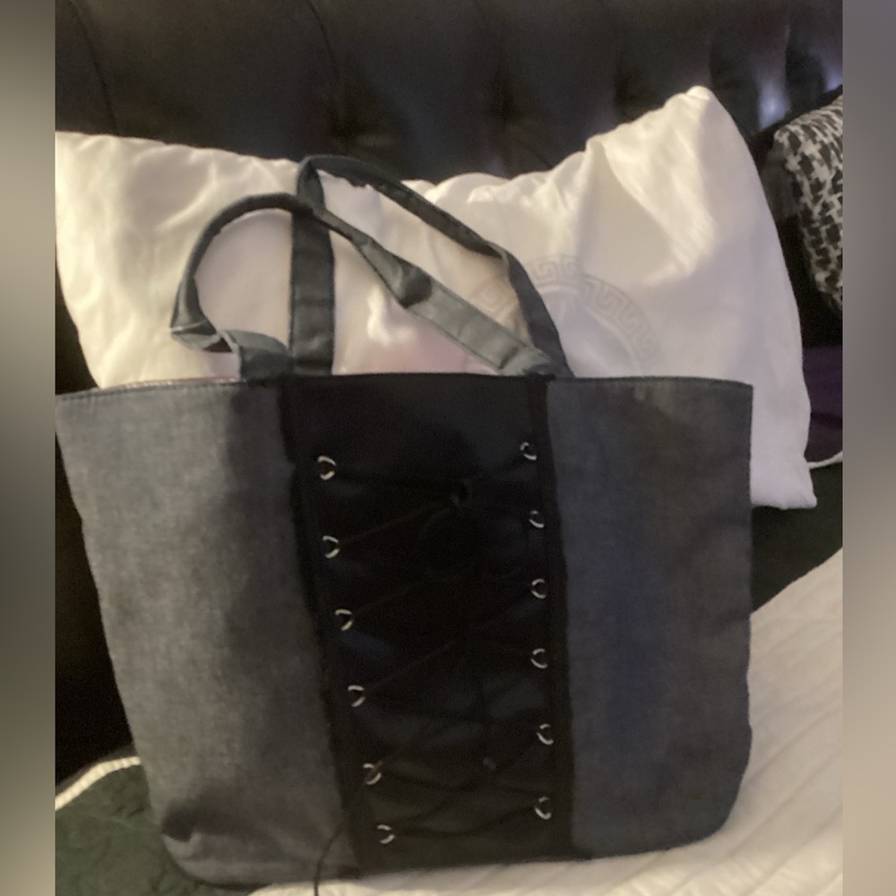 Victoria's Secret Dark Grey Denim Lace Corset Pink satin handbag purse tote bag